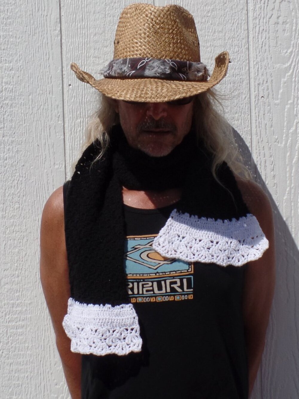 Knit Scarf Black with White Ends Crochet Wrap EUC